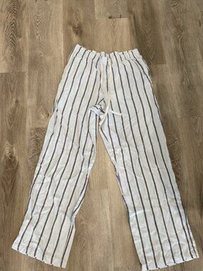 White Linen-Blend Drawstring Pants with Navy Stripes